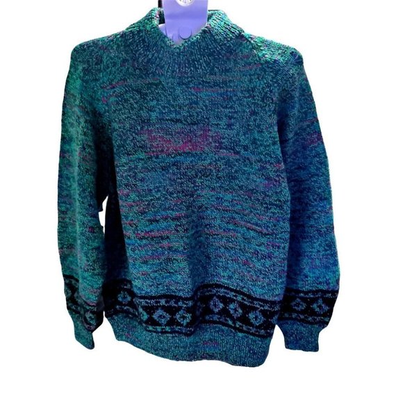 Vintage 90's Fair isle Chunky knit Green-Black Retro Fisherman Mock Neck Sweater - Picture 3 of 7